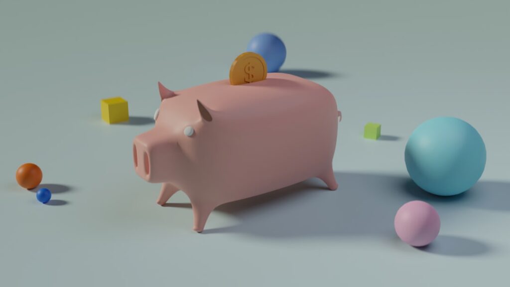 Minimalist white house-shaped piggy bank sits on a clean surface with coins nearby, symbolizing the concept of saving mone...